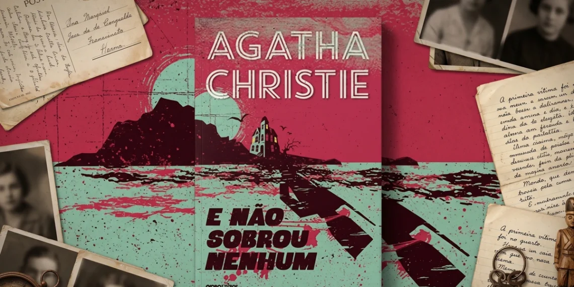 Capa do livro E Não Sobrou Nenhum envolta em uma decoração especial baseada em sua temática.