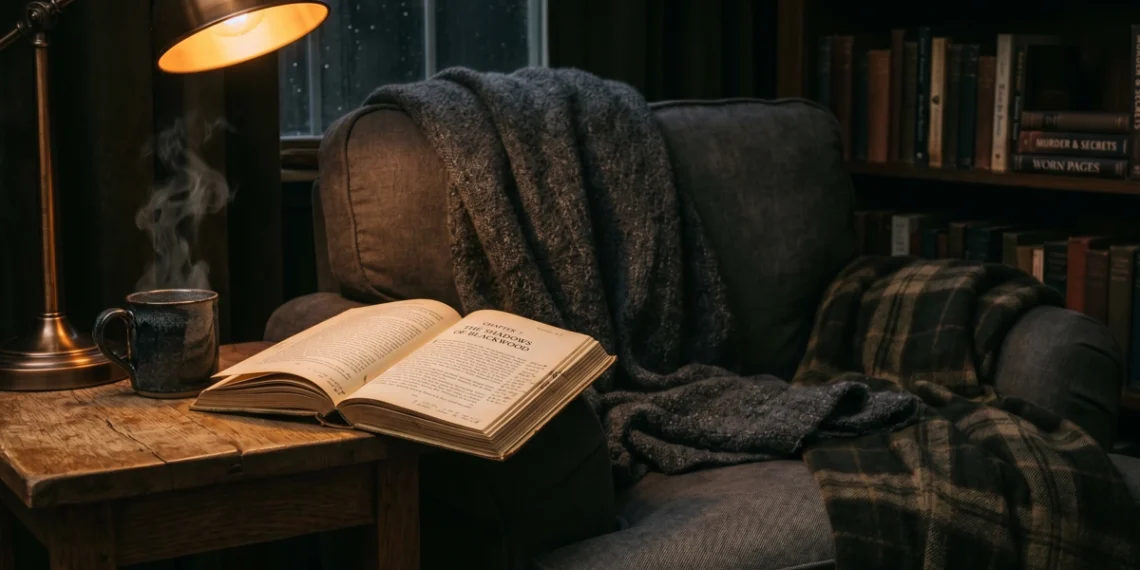 Poltrona com algumas cobertas sobre ela. Ao lado, uma mesa de canto com uma luminária antiga acesa e um livro aberto sobre ela. Ao fundo, uma janela mostrando a noite neblinada e uma estante cheia de livros. Falando sobre os melhores livros de suspense.
