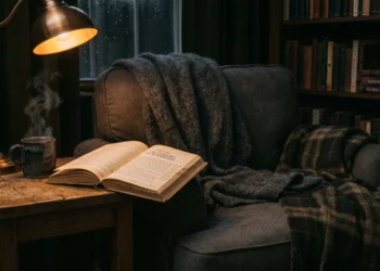 Poltrona com algumas cobertas sobre ela. Ao lado, uma mesa de canto com uma luminária antiga acesa e um livro aberto sobre ela. Ao fundo, uma janela mostrando a noite neblinada e uma estante cheia de livros. Falando sobre os melhores livros de suspense.