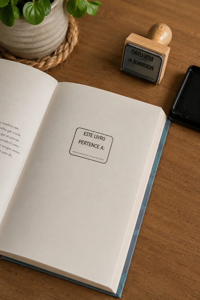 Livro com carimbo de "este livro pertence a" aplicado. Recomendando presentes para leitores.