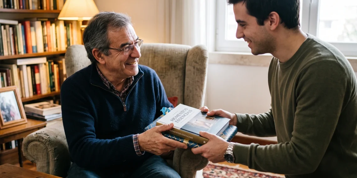 Filho entrega livro de presente ao seu pai. Falando sobre livro para o dia dos pais.