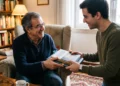 Filho entrega livro de presente ao seu pai. Falando sobre livro para o dia dos pais.