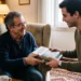 Filho entrega livro de presente ao seu pai. Falando sobre livro para o dia dos pais.