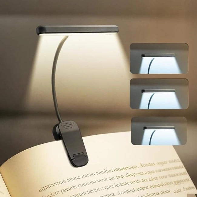 Luminária clip-on recarregável. Recomendando presentes para leitores.