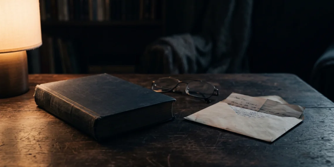 Livro antigo sobre uma mesa, junto a um óculos, uma carta semiaberta e uma luminária. O ambiente está em luz baixa. Falando sobre autores parecidos com harlan coben.