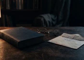 Livro antigo sobre uma mesa, junto a um óculos, uma carta semiaberta e uma luminária. O ambiente está em luz baixa. Falando sobre autores parecidos com harlan coben.