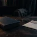 Livro antigo sobre uma mesa, junto a um óculos, uma carta semiaberta e uma luminária. O ambiente está em luz baixa. Falando sobre autores parecidos com harlan coben.